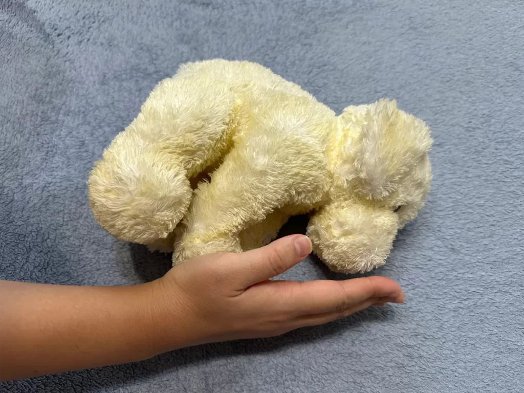 子どもの手のひらに乗った黄色いぬいぐるみの子犬