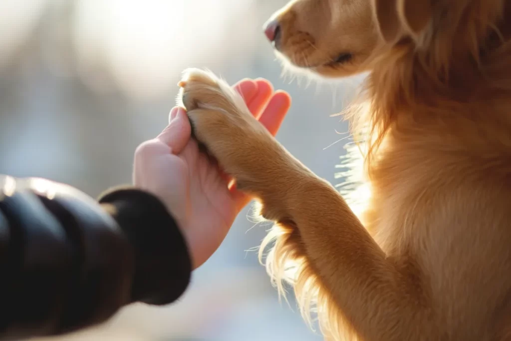 茶色い犬の肉球が人間の手のひらに乗っており、ハート型のペット用品が見える構図